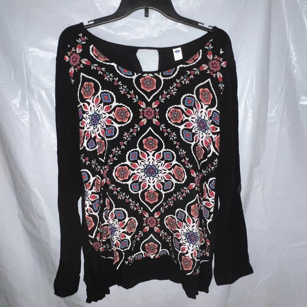 Blouse - black with multi colored floral pattern and keyhole neck in the back